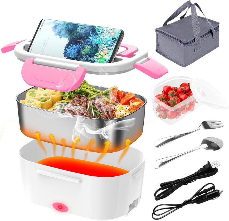 CHARMDOO Electric Lunch Box, Food Warmer Heater 12V 24V 110V, 80W Faster Heated Lunch Box for Car/Truck/Home Portable Heating Boxes with 1.5L 304 SS Container Fork & Spoon, White+Pink - Image 1
